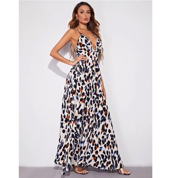 Cheetah Print Cream Multicolor Maxi Dress Backless Criss Cross Straps - Picture 3 of 6